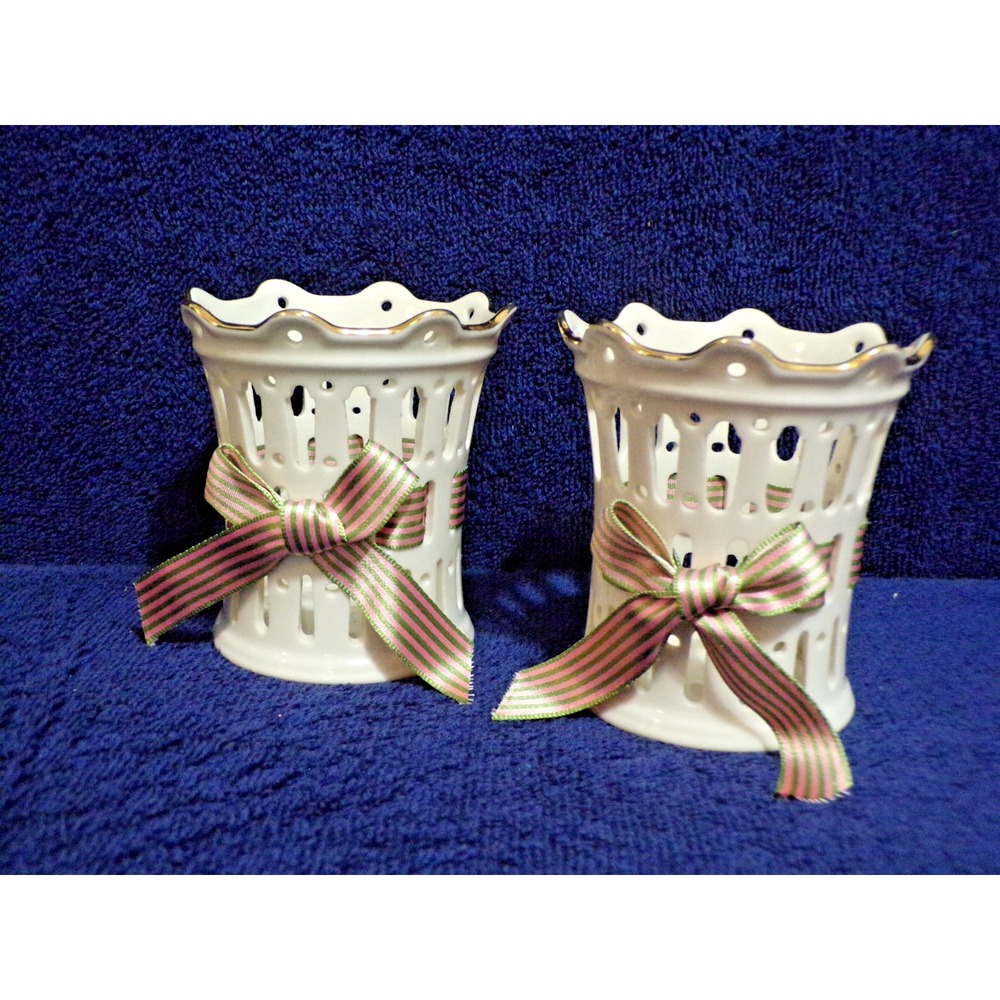 Lenox Pierced Ivory w/Gold Trim & Gray & Pink Ribbon Votive & Tea Light Holders